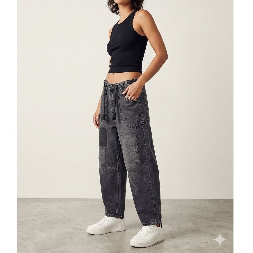 We The Free Free People Moxie Low Slung Pull On Barrel Jeans Black Patchwork 32